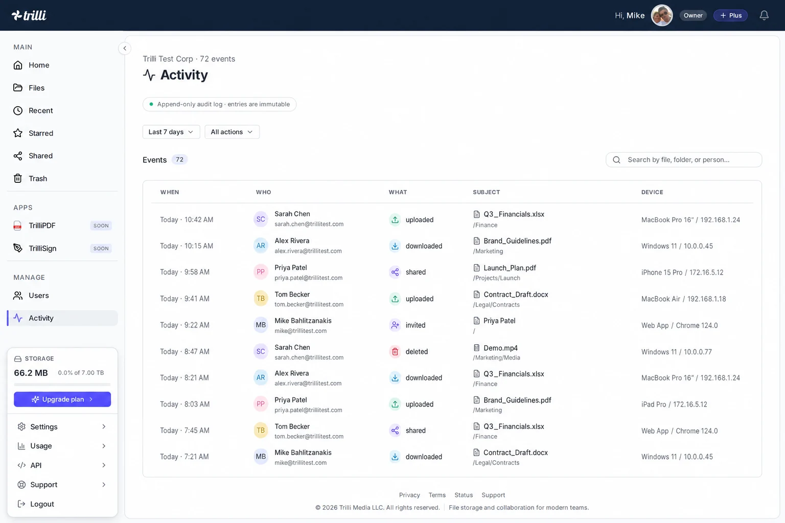 Trilli's append-only activity audit log