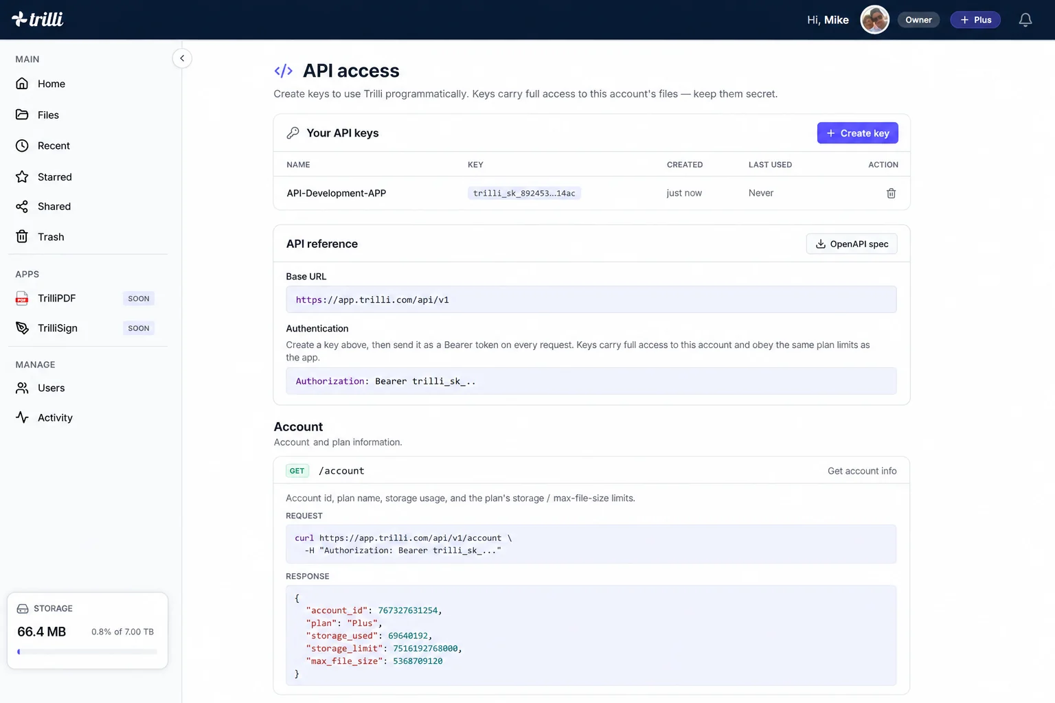 The Trilli API access page — keys and reference documentation