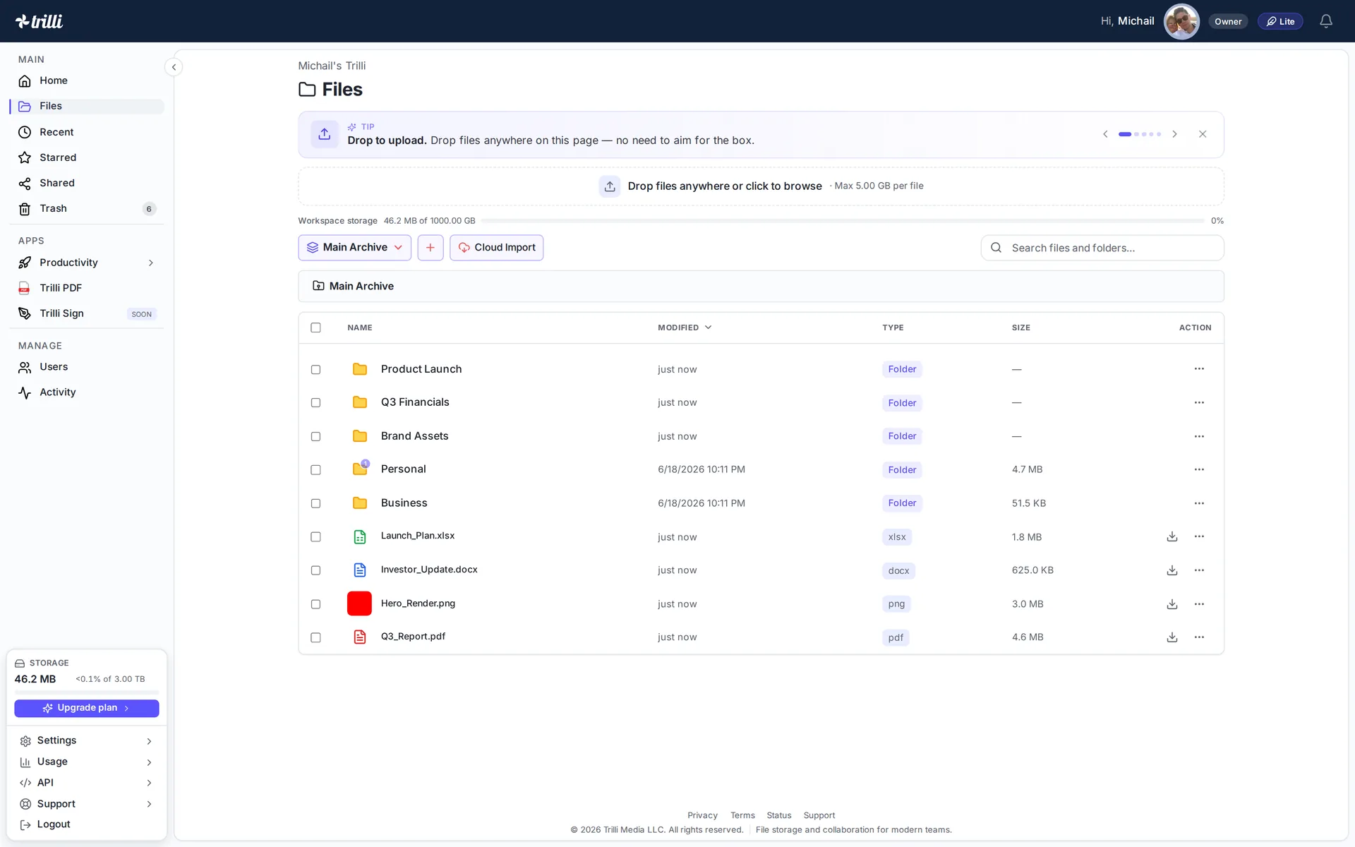 Trilli Drive — folders and files in an encrypted workspace