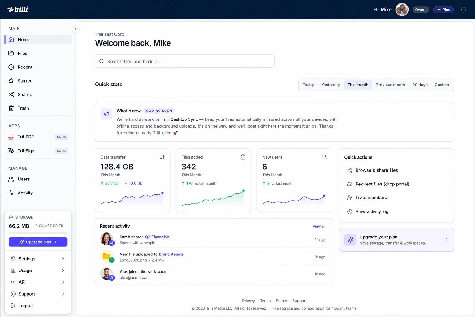 The Trilli dashboard — storage, transfer and team activity at a glance