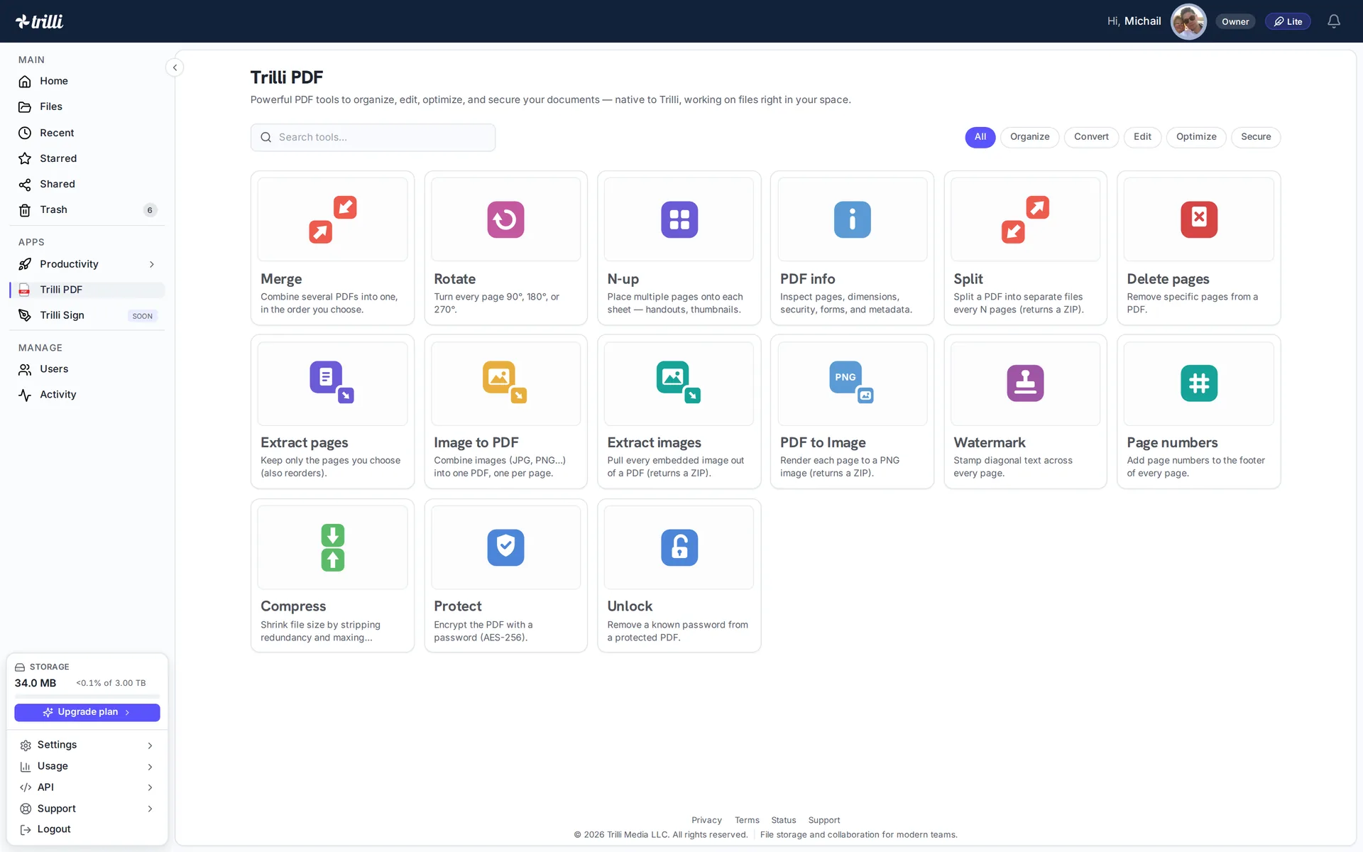 The Trilli PDF launcher with its full grid of tools