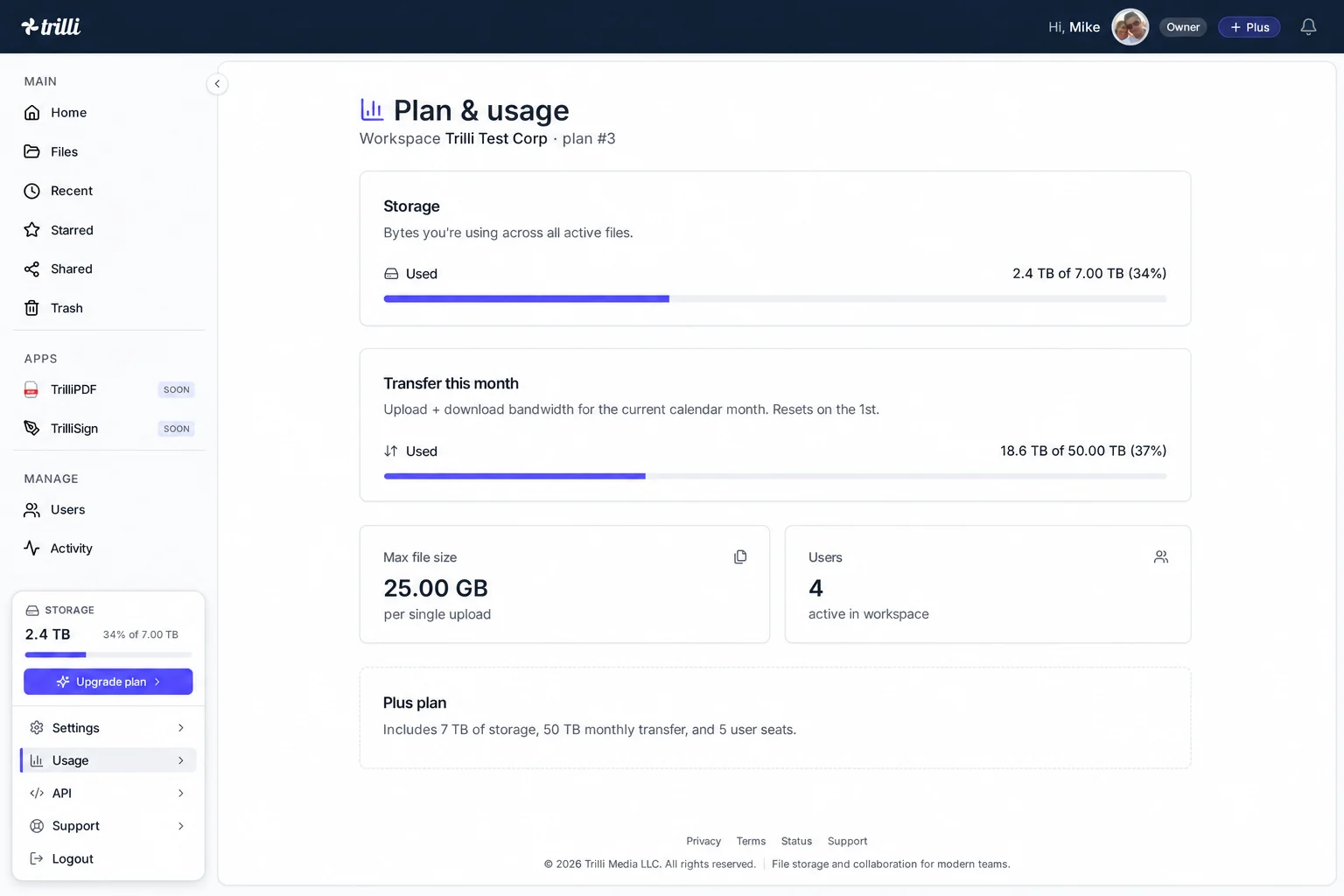 The Trilli plan and usage screen
